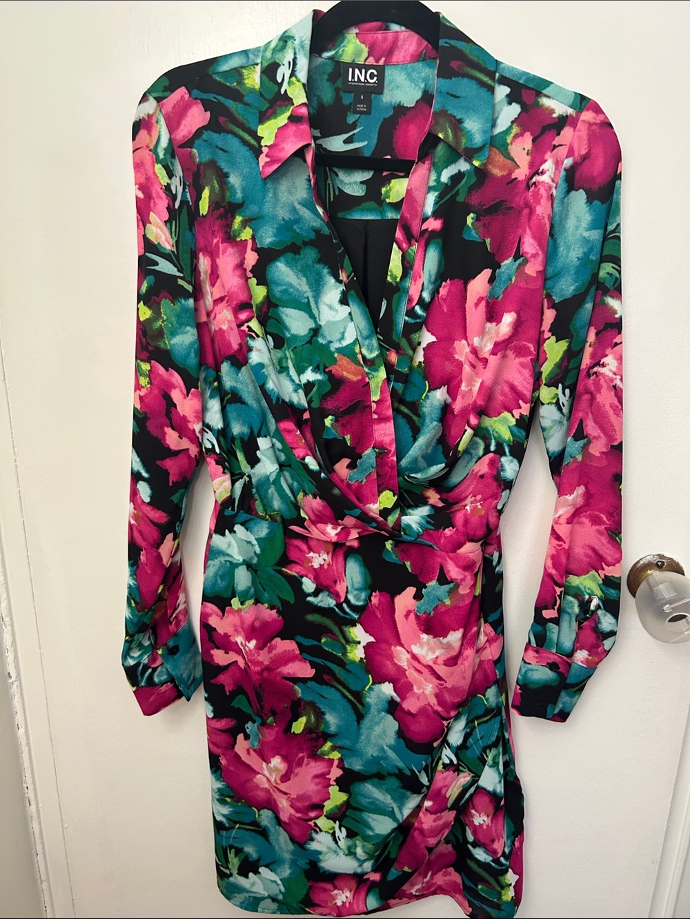 INC International Concepts Teal & Pink Floral Long Sleeve Wrap Dress